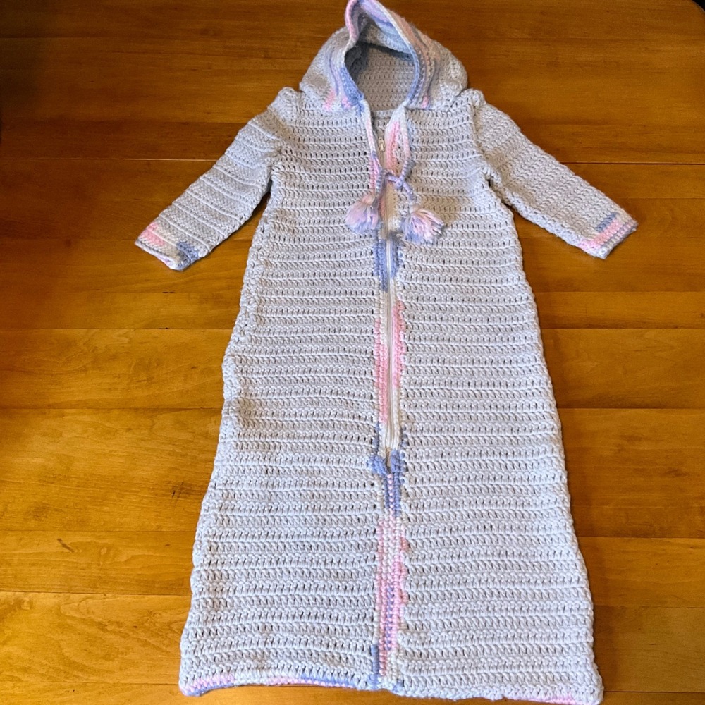 Vintage Handmade Crochet‎ Baby Cocoon Sleep Sack Hoodie Pink Blue Trim Pompoms